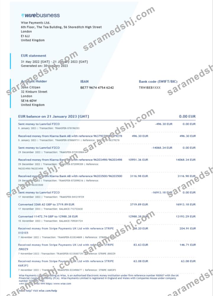 United Kingdom Wise Business bank statement Word and PDF template